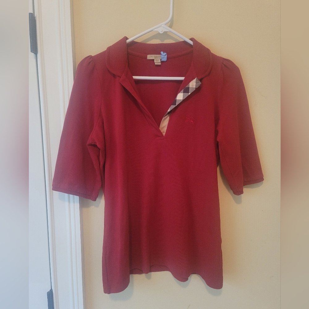 Burberry Red Tan Plaid Logo Polo Short Sleeve Top Shirt